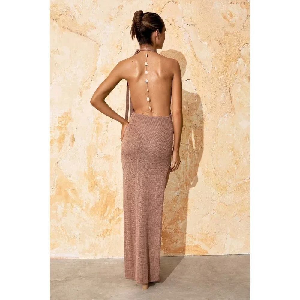 Flook the Label Zadia Knit Halter Maxi Dress Tan REVOLVE Slinky Resort Medium - Picture 5 of 14
